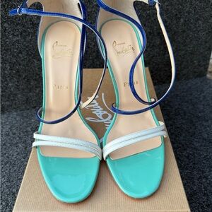Christian Louboutin Women's Blue and White Sandals Gwynitta 100 Gomme/Patent